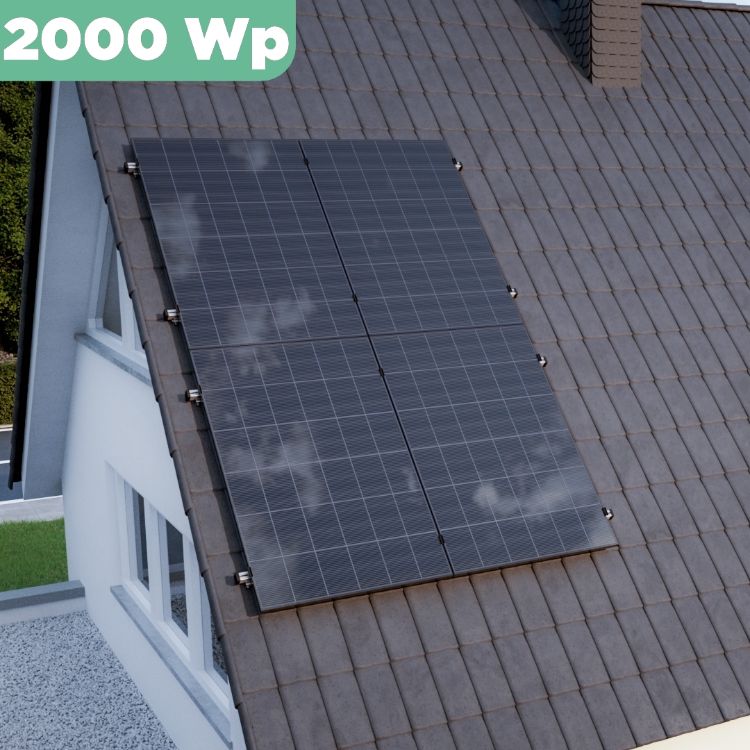 Balkonkraftwerk Ziegeldach 2000 Wp — APsystems EZ1-M 800 WTrina Solar / 500 Wp (Glas-Glas) / Klassik Halterung / zwei Reihen hochkant / 4 Module / 20 m