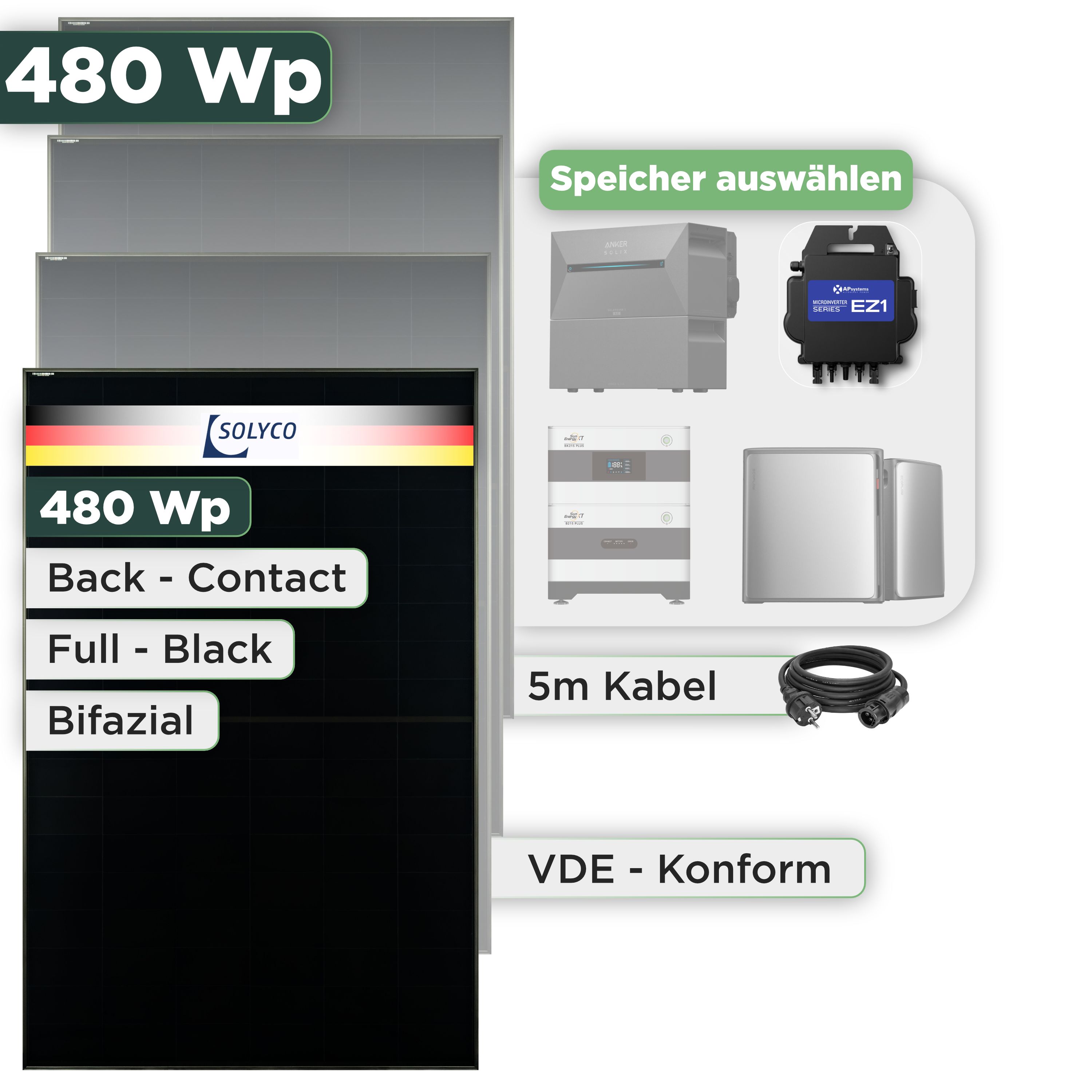 Balkonkraftwerk Set 480 Wp Solyco 480 Wp Glas-Glas Fullblack Back Contact Modul / 1 Modul / APSystems EZ1-M (bis 800 W) / Schuko Stecker