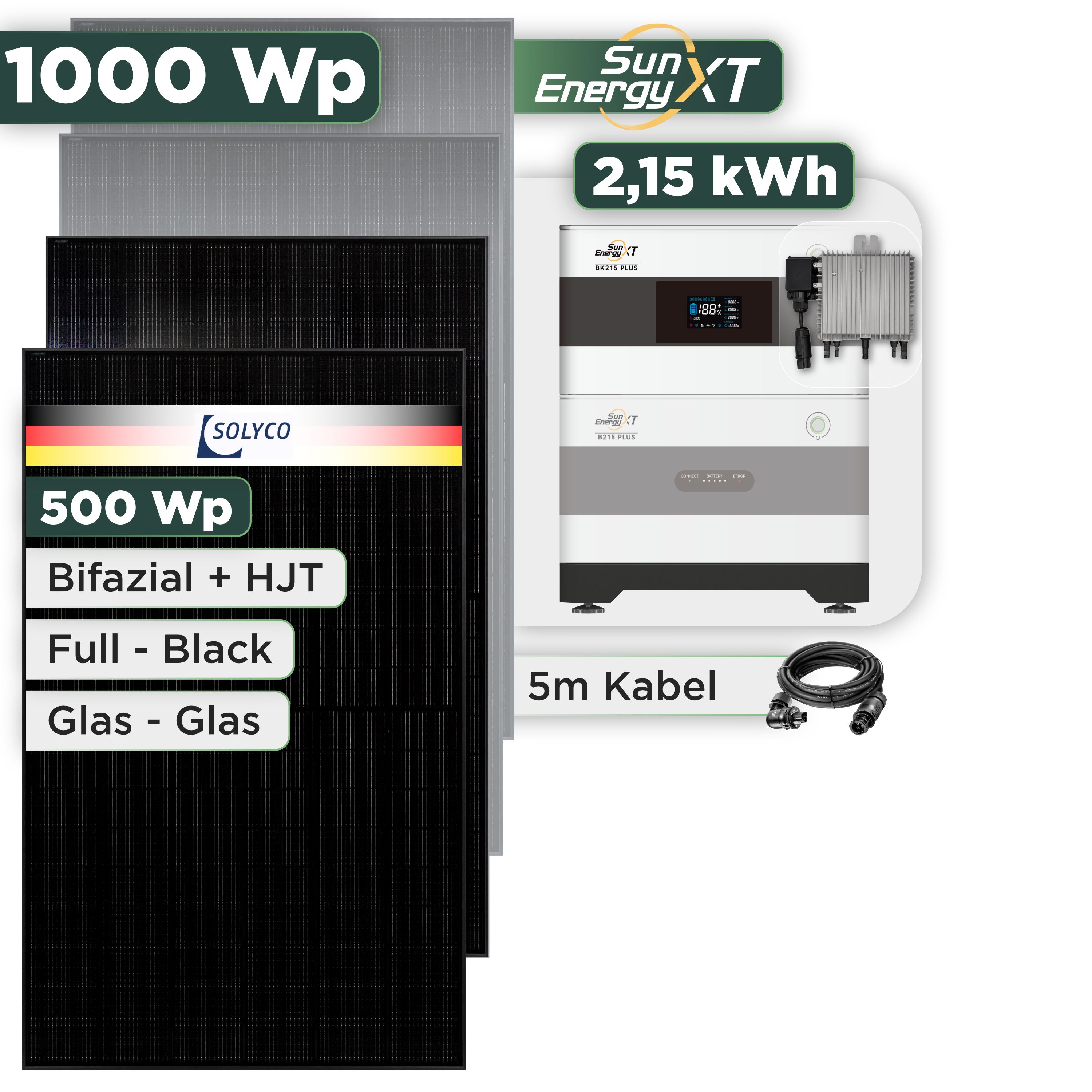 Balkonkraftwerk Set 1000 Wp SunEnergyXT Plus / 2,15 kWh / Solyco 500 Wp Glas-Glas Fullblack-Modul Bifazial / 2 Module / Deye 800 W / Wieland Stecker