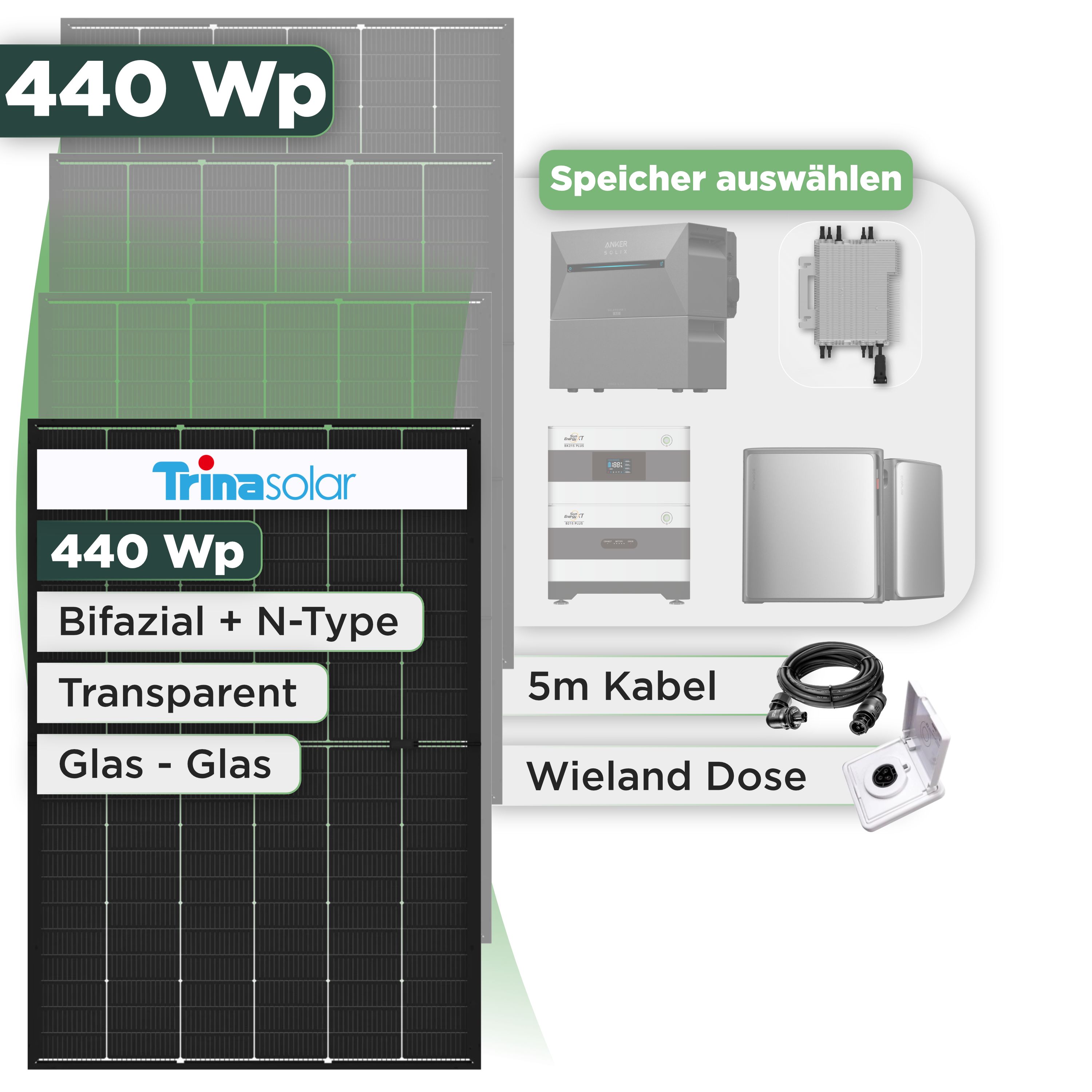 Balkonkraftwerk Set 440 Wp Trina 440 Wp Glas-Glas Bifazial Modul / 1 Modul / Deye 2000 W / Wieland Stecker + Dose