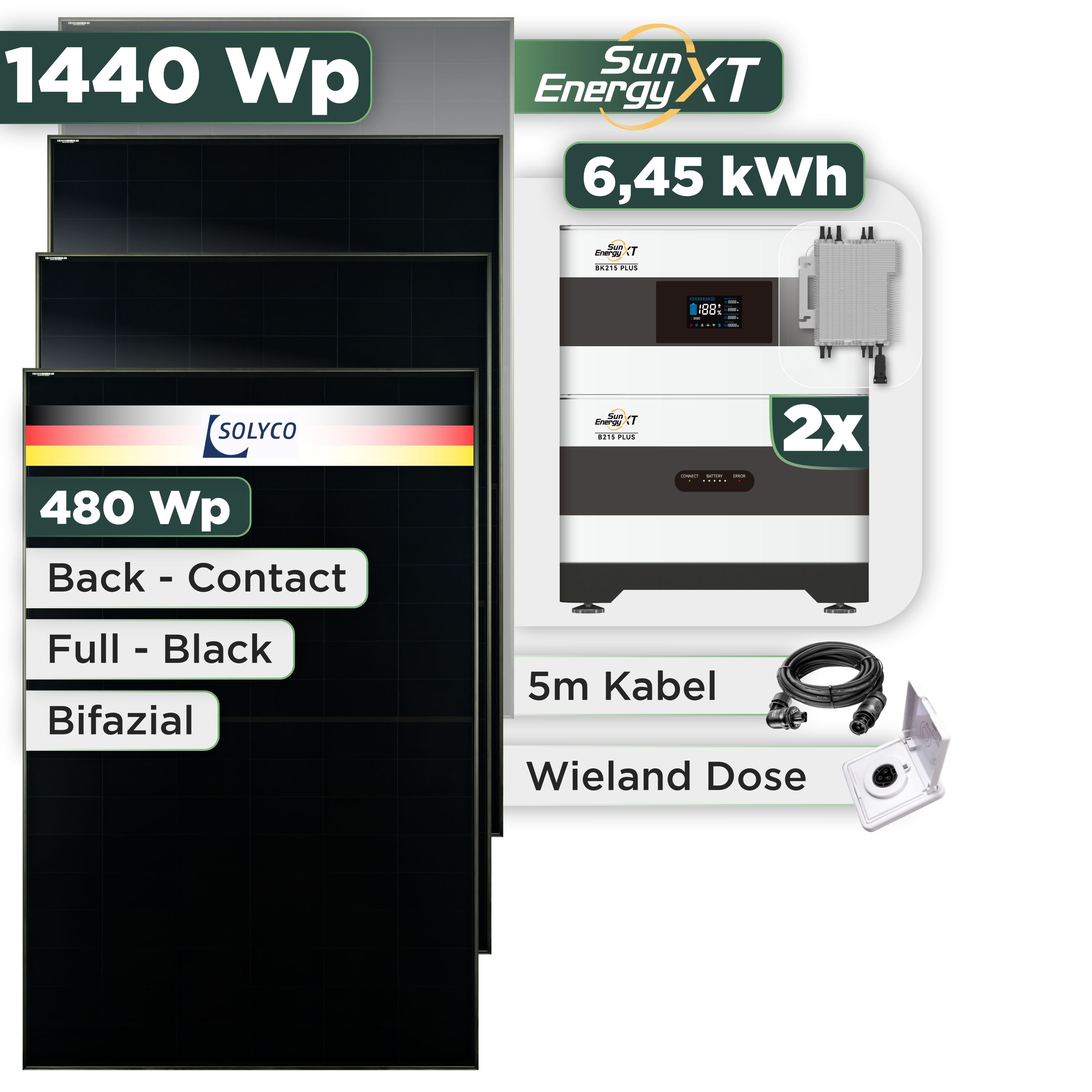 Balkonkraftwerk Set 1440 Wp SunEnergyXT Plus / 6,45 kWh / Solyco 480 Wp Glas-Glas Fullblack Back Contact Modul / 3 Module / Deye 2000 W / Wieland Stecker + Dose