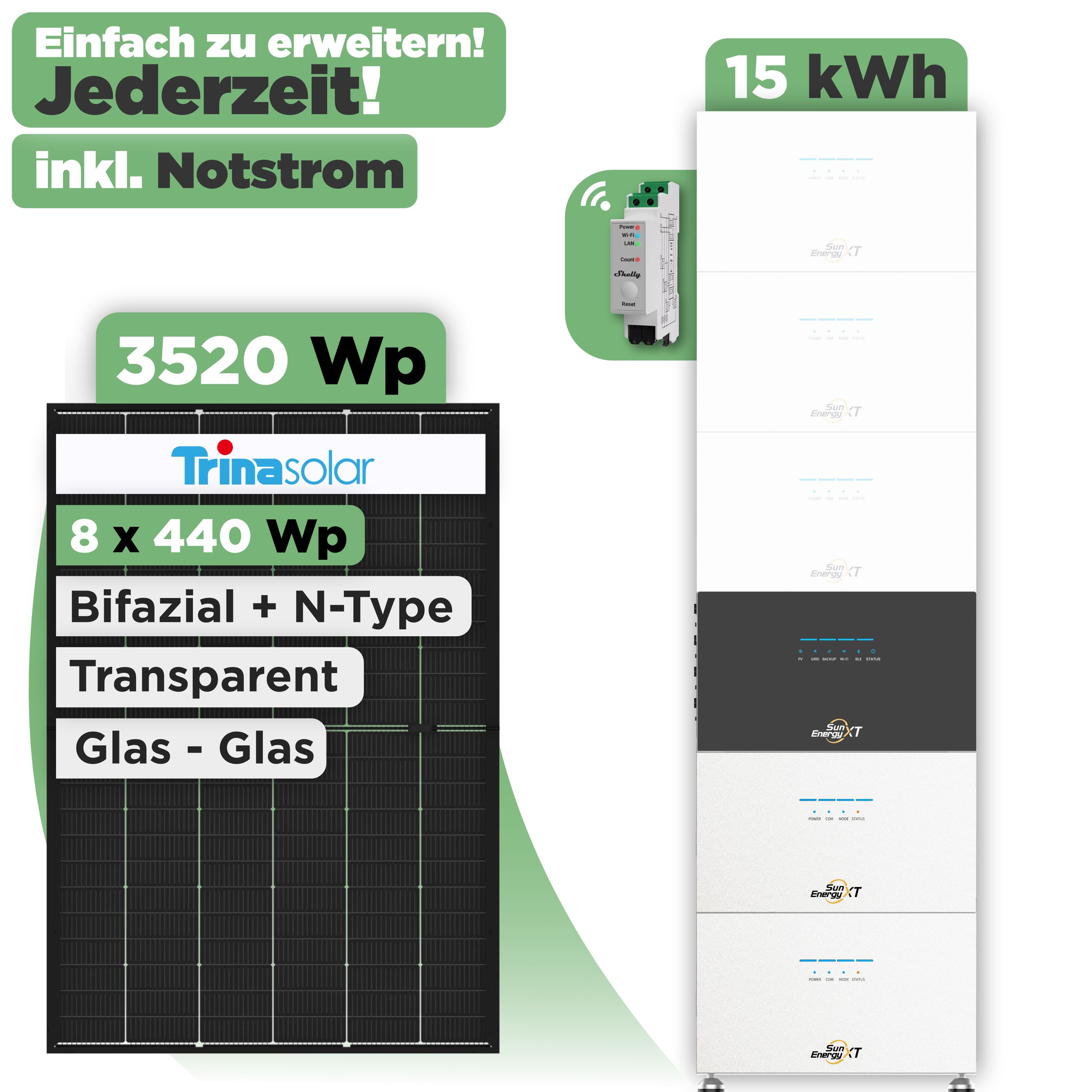 SunEnergyXT 500 Modulset 3520 Wp SunEnergyXT 500 (800 W) / 15 kWh / Shelly 3EM Pro / Trina 440 Wp / 8 Module