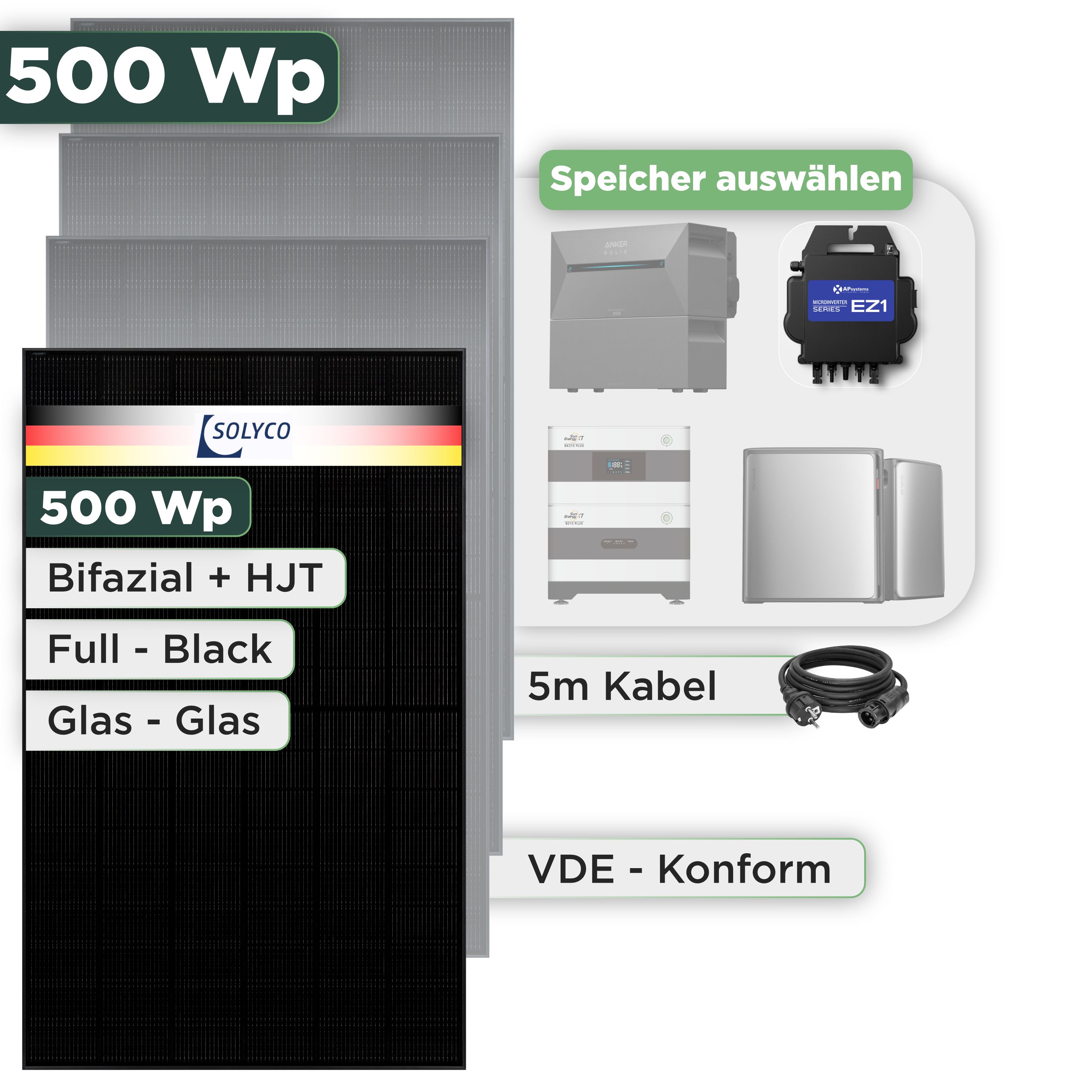 Balkonkraftwerk Set 500 Wp Solyco 500 Wp Glas-Glas Fullblack-Modul Bifazial / 1 Modul / APSystems EZ1-M (bis 800 W) / Schuko Stecker