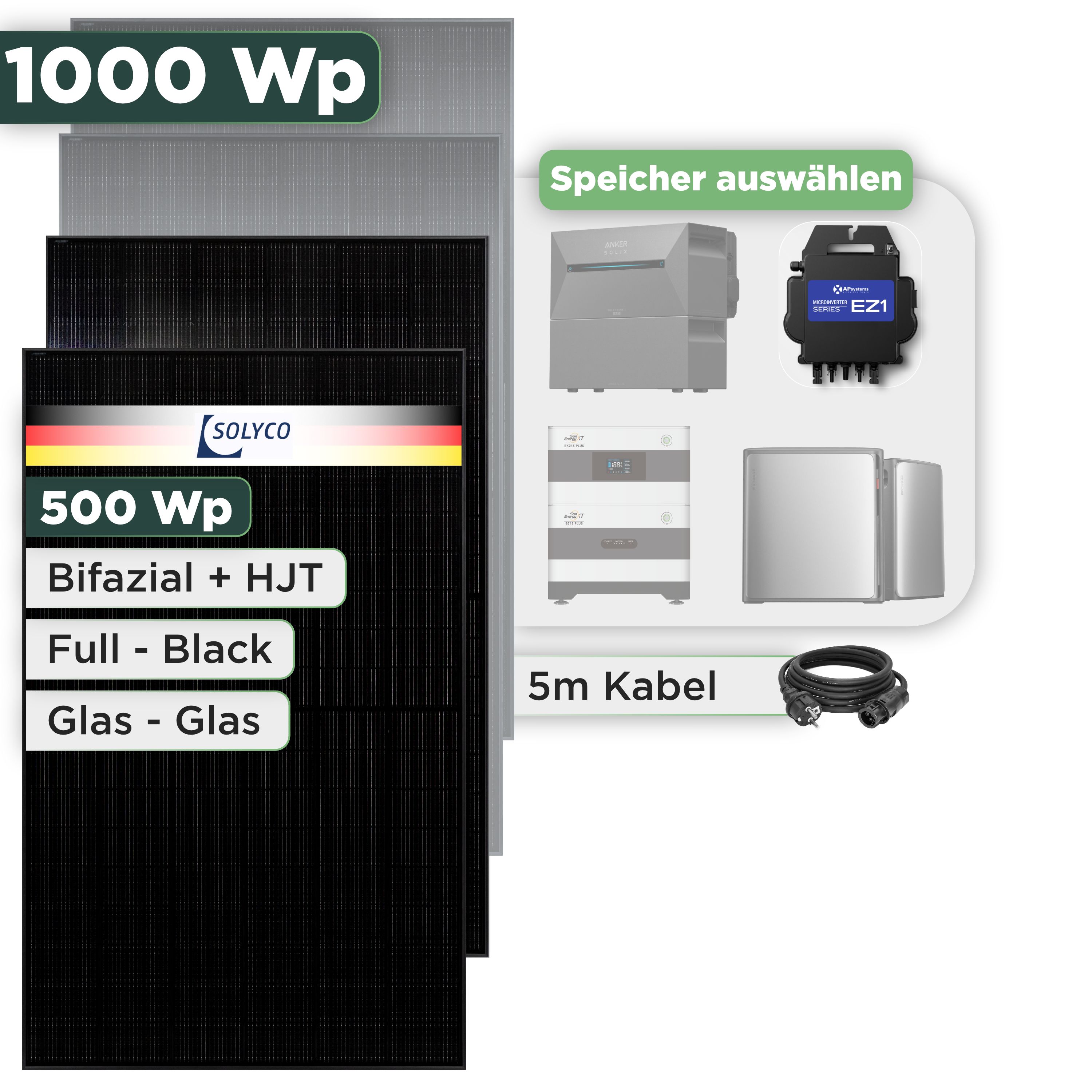 Balkonkraftwerk Set 1000 Wp Solyco 500 Wp Glas-Glas Fullblack-Modul Bifazial / 2 Module / APSystems EZ1-M (bis 800 W) / Schuko Stecker