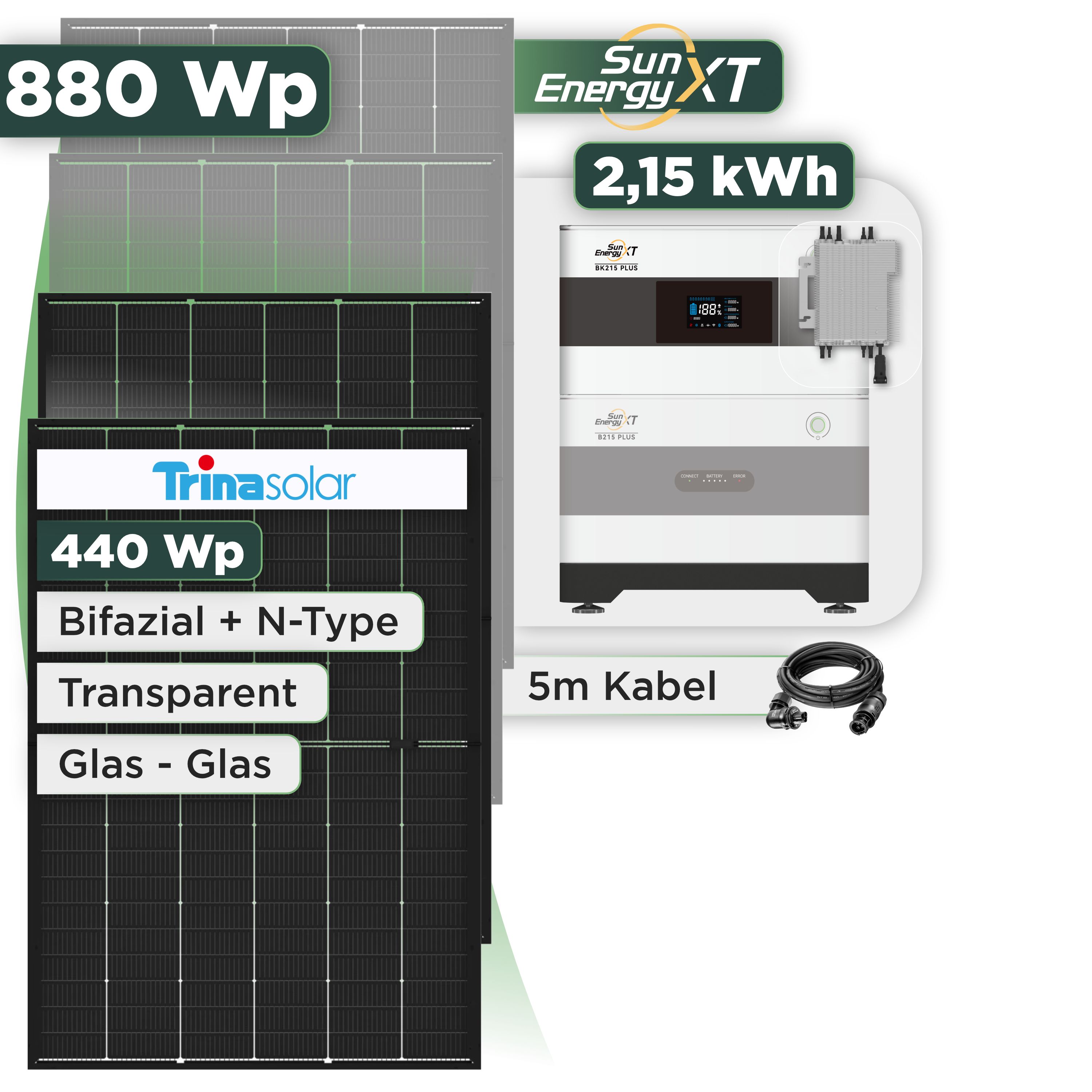 Balkonkraftwerk Set 880 Wp SunEnergyXT Plus / 2,15 kWh / Trina 440 Wp Glas-Glas Bifazial Modul / 2 Module / Deye 2000 W / Wieland Stecker