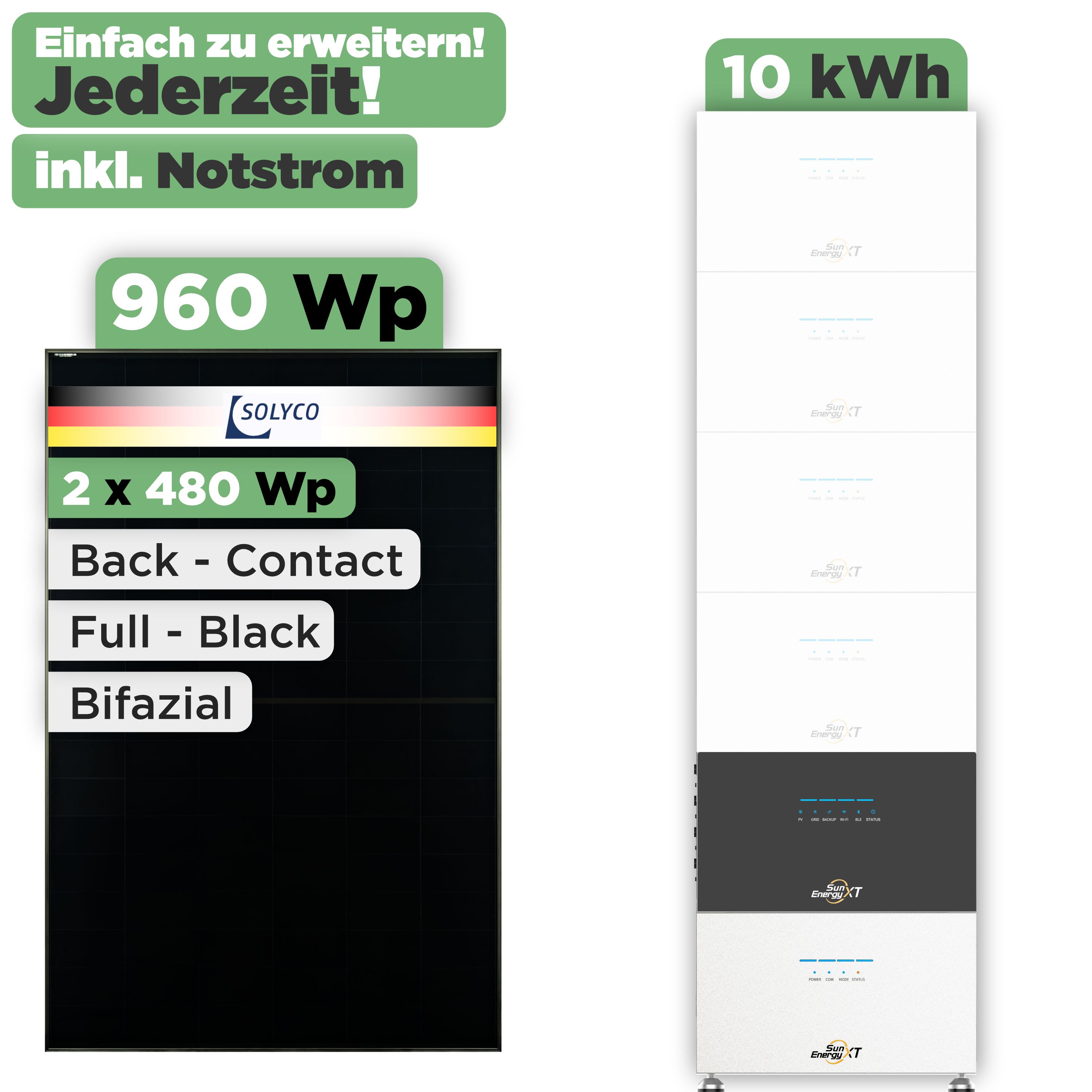 SunEnergyXT 500 Modulset 960 Wp SunEnergyXT 500 (800 W) / 10 kWh / Solyco 480 Wp / 2 Module