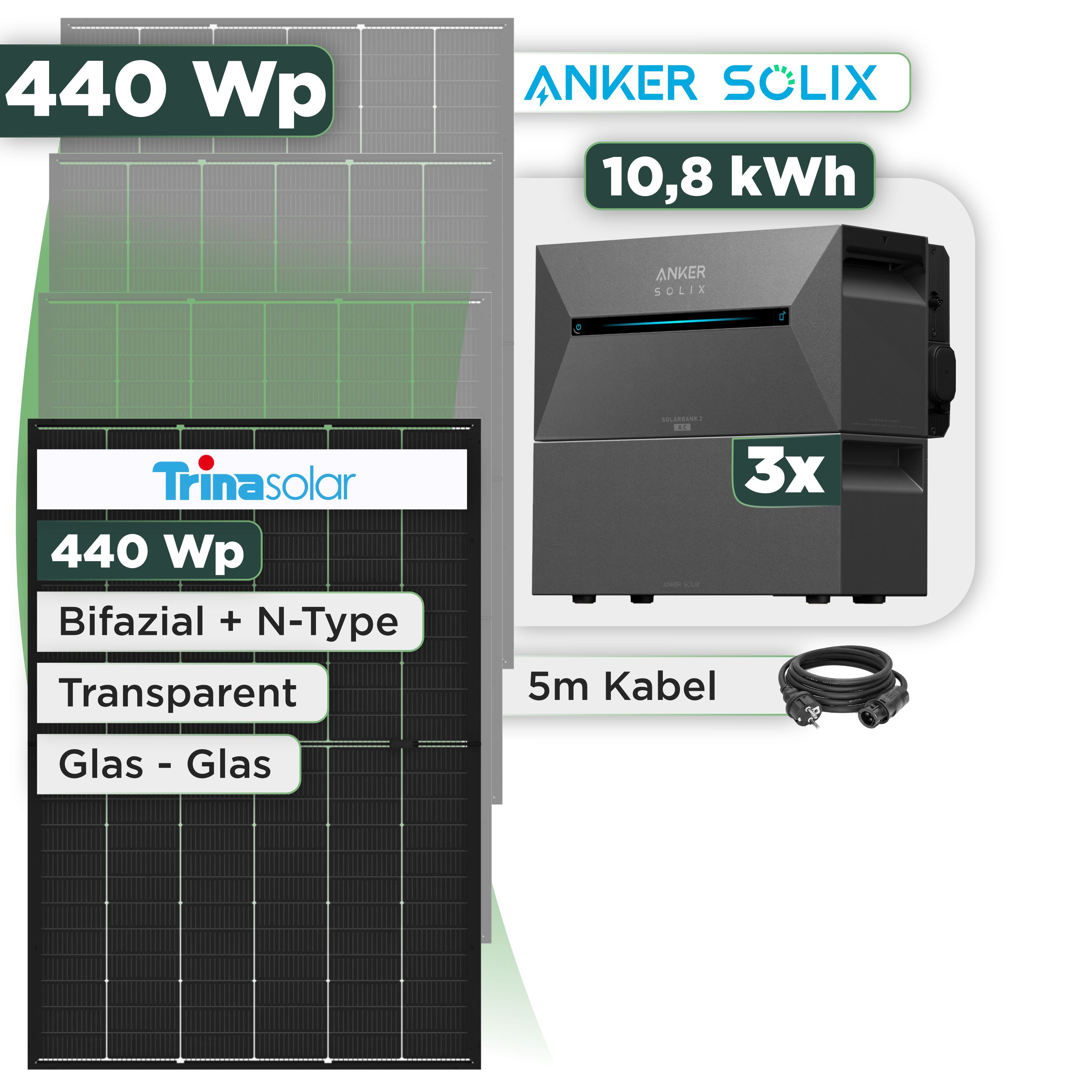 Balkonkraftwerk Set 440 Wp Anker Solarbank 3 Pro / 10,8 kWh / Trina 440 Wp Glas-Glas Bifazial Modul / 1 Modul / Schuko Stecker / 3 m