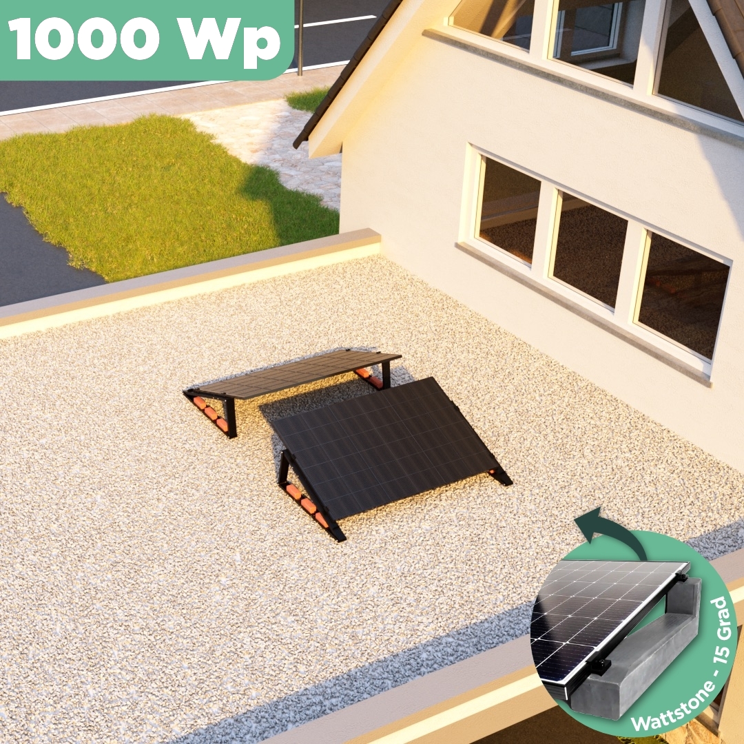 Balkonkraftwerk Flachdach 1000 Wp — APsystems EZ1-M 800 W / Trina Solar / 500 Wp (Glas-Glas Full Black) / Premium - Wattstone Black 15°  / zwei Reihen quer / 2 Module / 20 m