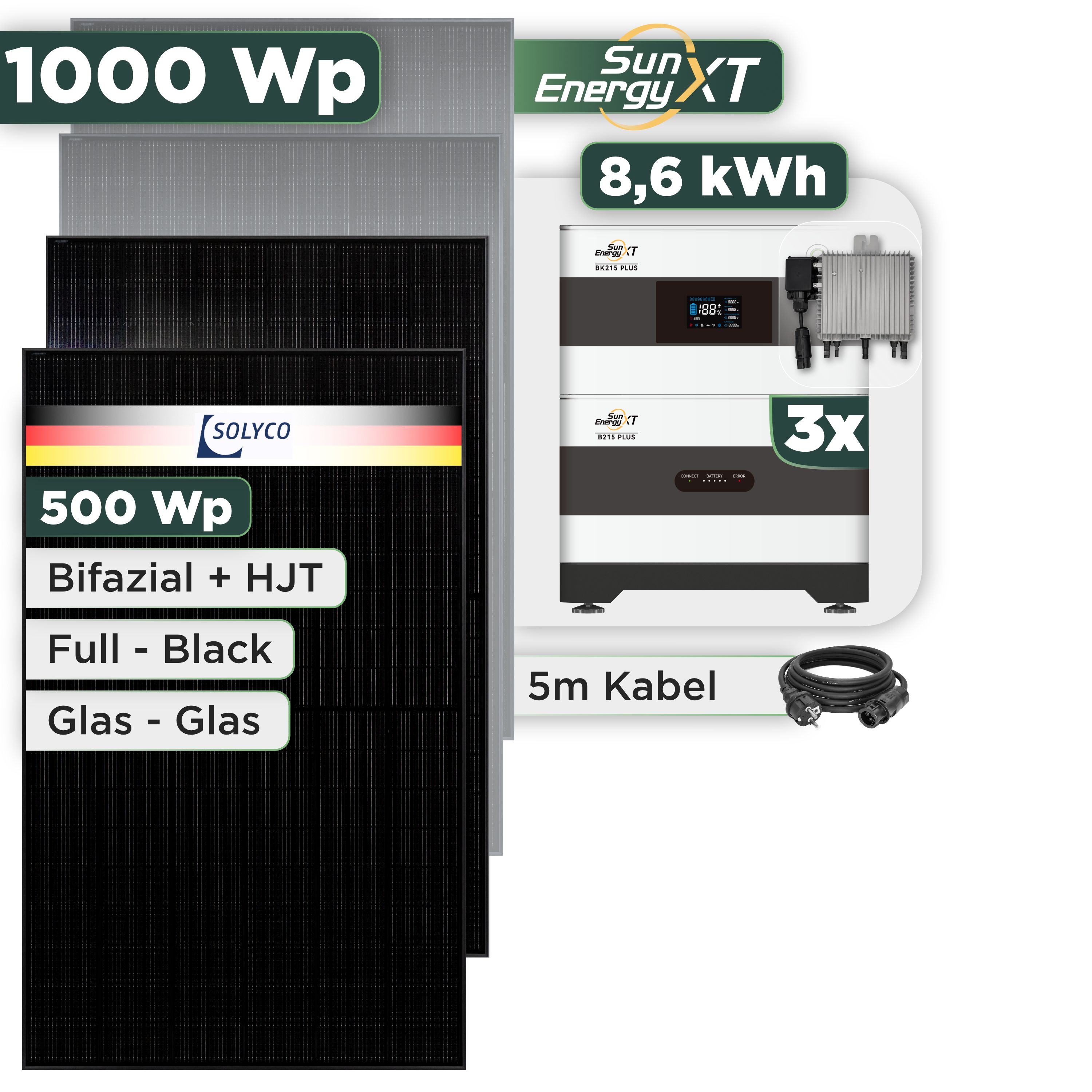 Balkonkraftwerk Set 1000 Wp SunEnergyXT Plus / 8,6 kWh / Solyco 500 Wp Glas-Glas Fullblack-Modul Bifazial / 2 Module / Deye 800 W / Schuko Stecker