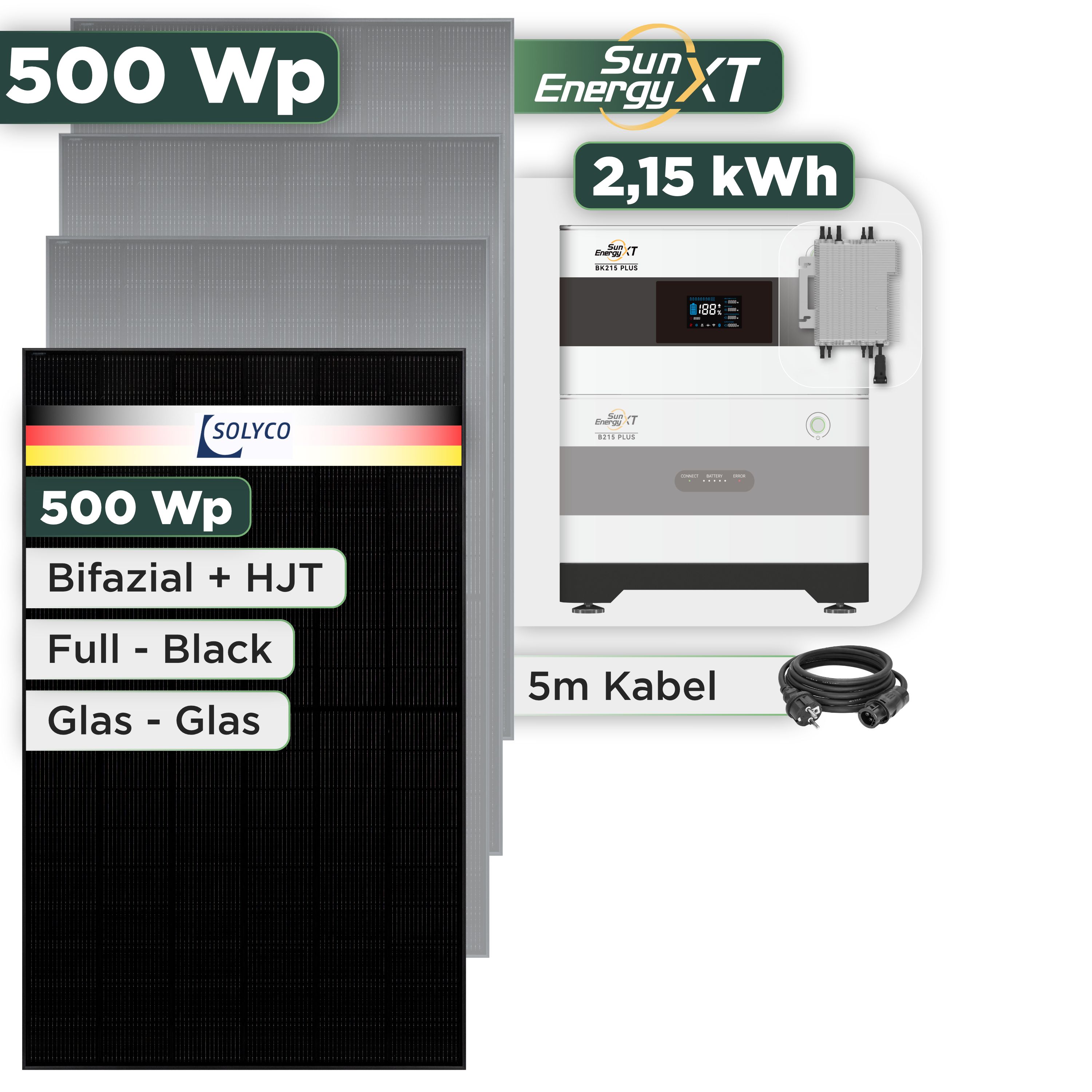 Balkonkraftwerk Set 500 Wp SunEnergyXT Plus / 2,15 kWh / Solyco 500 Wp Glas-Glas Fullblack-Modul Bifazial / 1 Modul / Deye 2000 W / Schuko Stecker