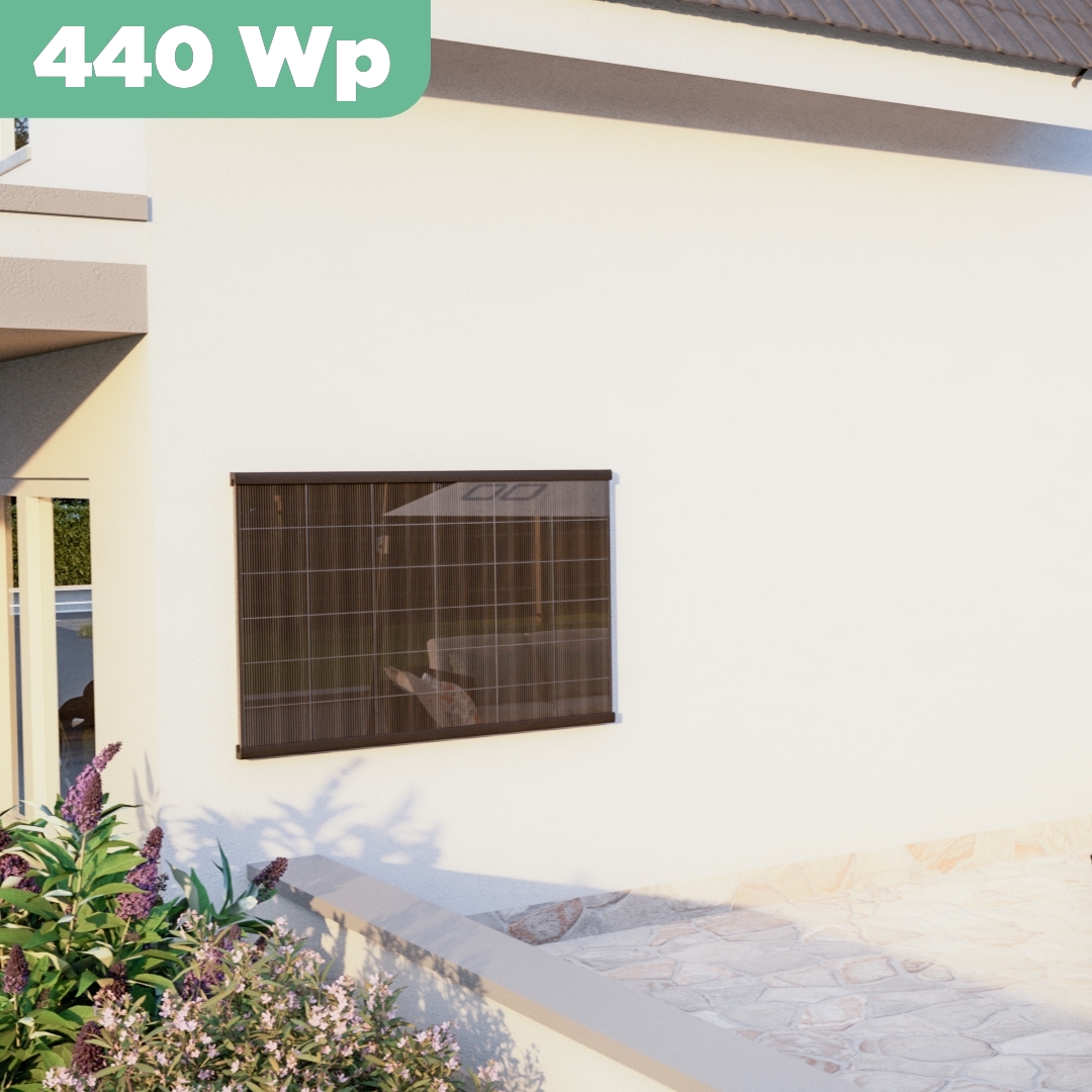 Balkonkraftwerk Wand 440 Wp — APsystems EZ1-M 800 W / Trina Solar / 440 Wp (Glas-Glas + Bifazial) / eine Reihe quer / 1 Modul / 20 m